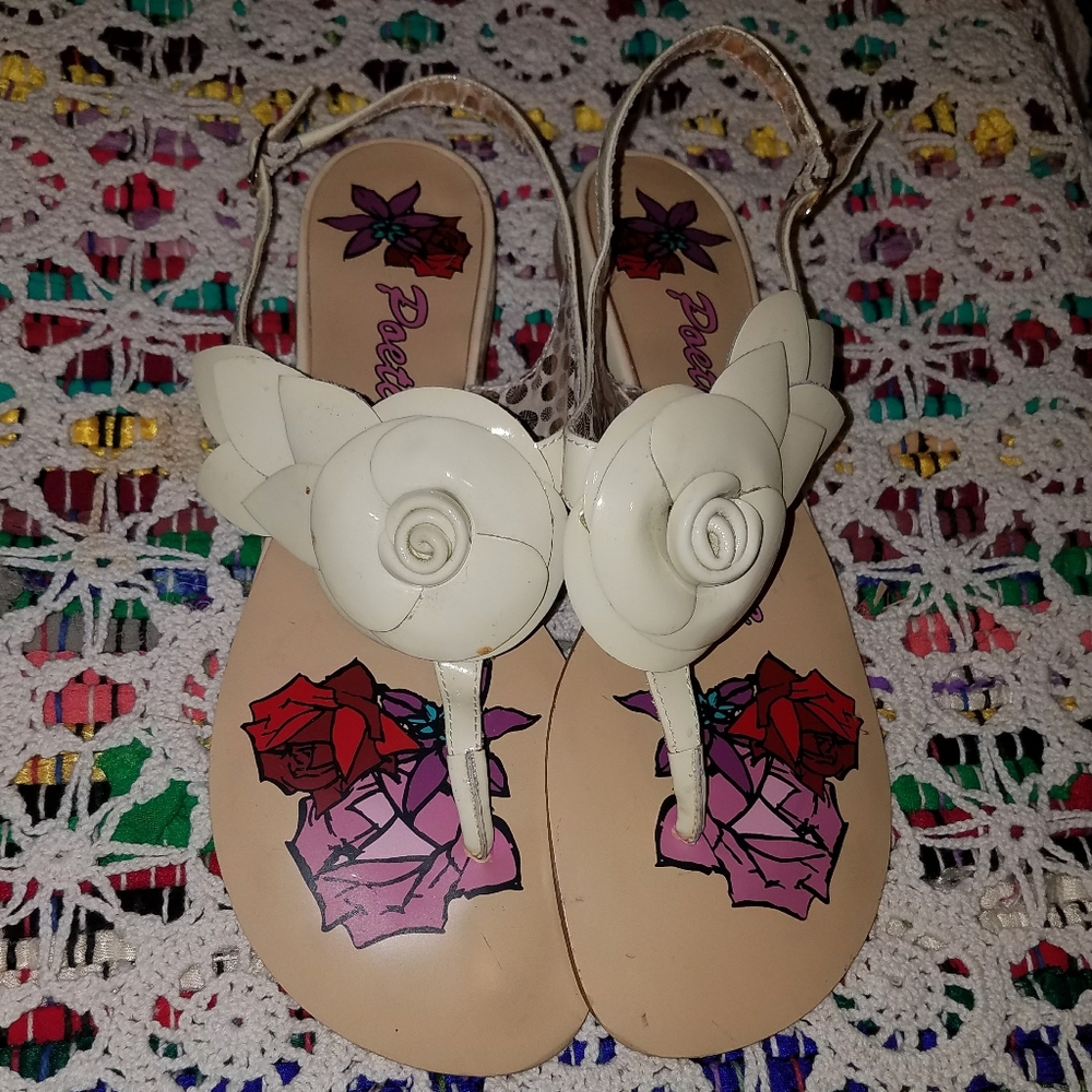 Poetic License "My Haven" Nude Beige Flower Leather Slingback Sandals Flat Shoes - Picture 2 of 15